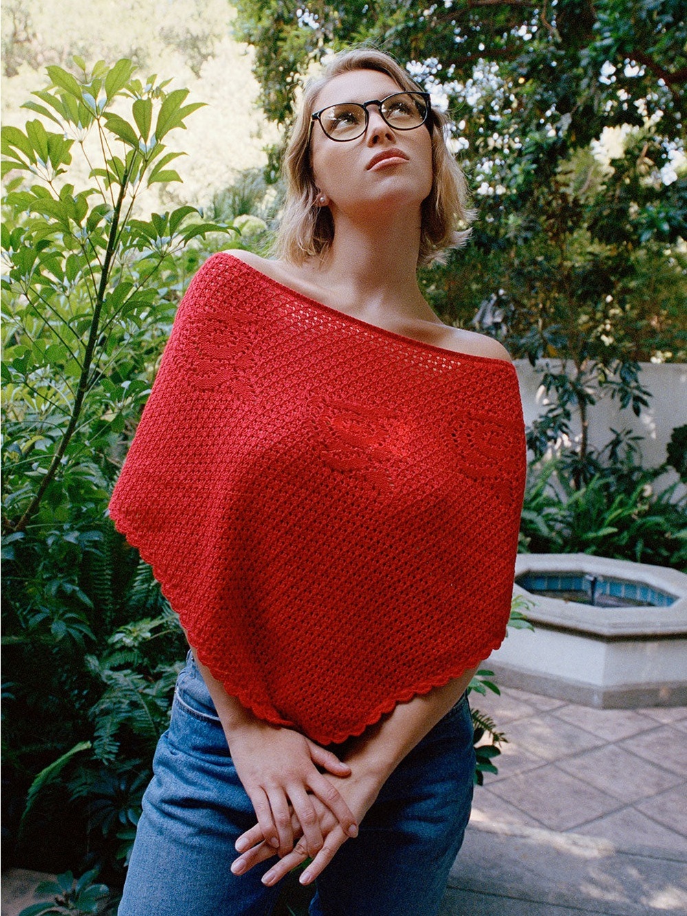 Frankie's Bikinis Sophie Red Crochet Off-Shoulder Poncho Sweater S/M